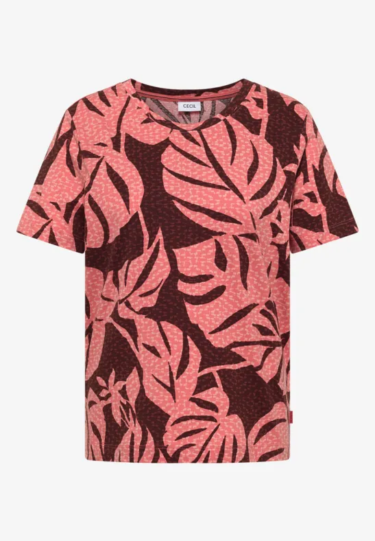 Kurzärmeliges T-Shirt mit pinken Blättern auf dunklem Hintergrund.
