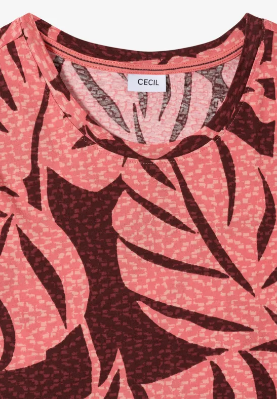 Rosa-rotes Damen-T-Shirt mit großem Blattmuster und Markenlabel 'CECIL' im Halsausschnitt.