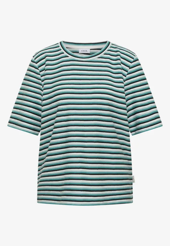 Kurzärmliges T-Shirt mit Rundhalsausschnitt und grünen, weißen und schwarzen Streifen.