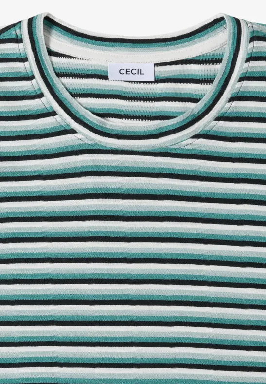 Ein gestreiftes T-Shirt in Grün-, Schwarz- und Weißtönen mit rundem Halsausschnitt und Cecil-Label.