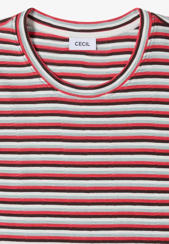 Rotes, weißes und graues gestreiftes T-Shirt mit Rundhalsausschnitt.