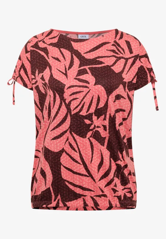 Rotes Damen-T-Shirt mit schwarzen Monstera-Blättern und kurzen Ärmeln mit Zierschleifen.