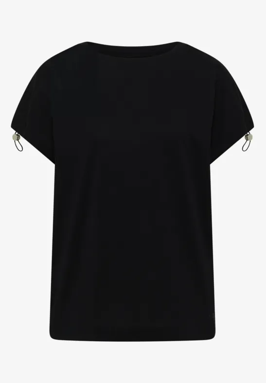 Schwarzes T-Shirt mit kurzem Arm, Rundhalsausschnitt und Reißverschlüssen an den Ärmeln.