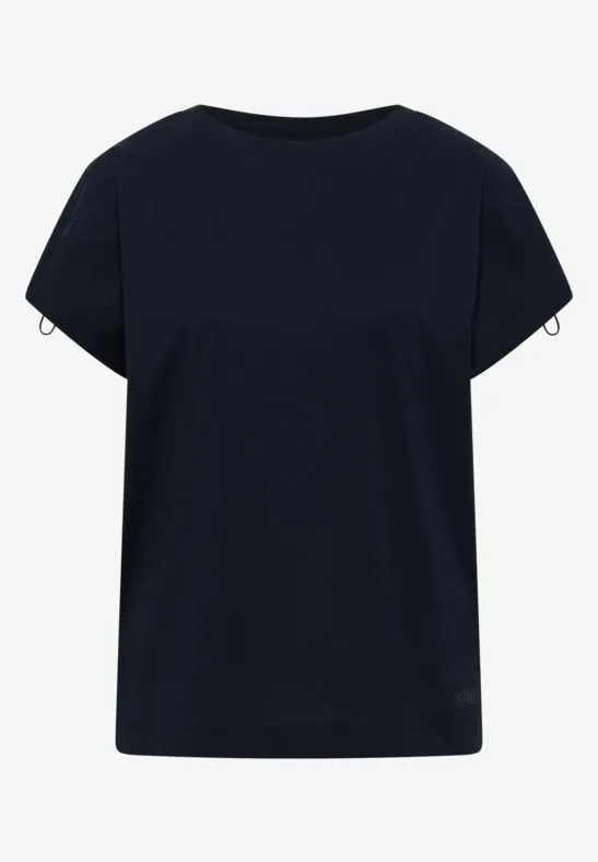 Schlichtes, dunkelblaues T-Shirt mit Rundhalsausschnitt und kurzen Ärmeln.