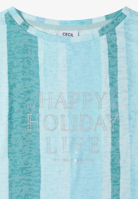 T-shirt blanc à rayures bleu clair avec l'inscription 'HAPPY HOLIDAY LIFE'.