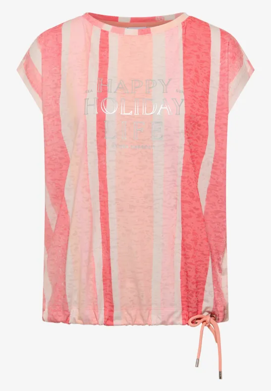 T-shirt ample manches courtes à rayures roses et pastels, imprimé 'HAPPY HOLIDAY' et cordon latéral au bas.