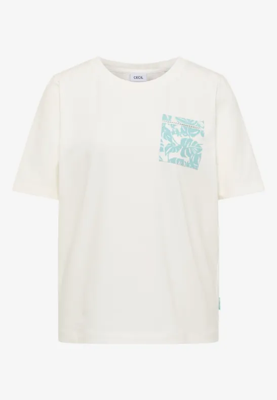 Weißes T-Shirt mit Kurzarm und türkisblauer Brusttasche mit Blumenmuster.