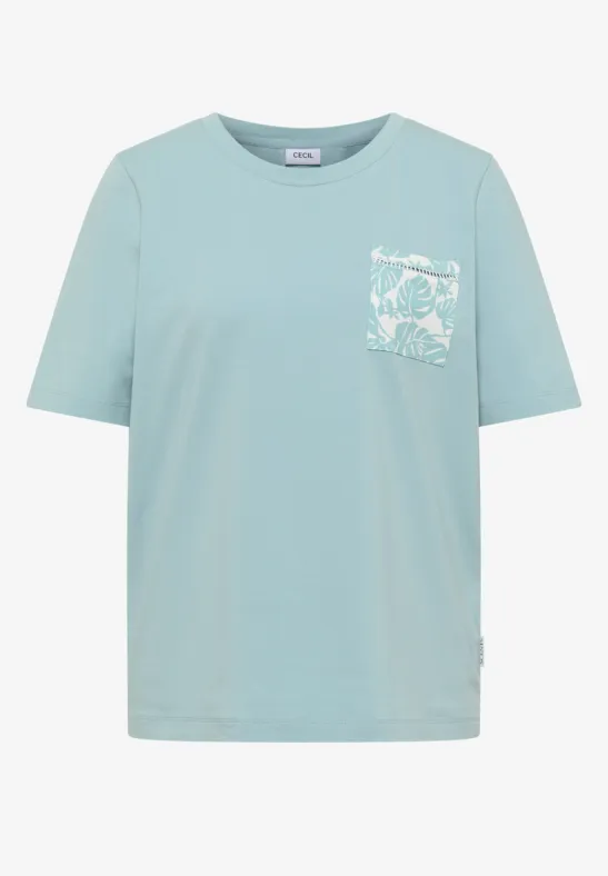 Mintfarbenes Kurzarm-T-Shirt mit Rundhalsausschnitt und Brusttasche mit dezentem Print.