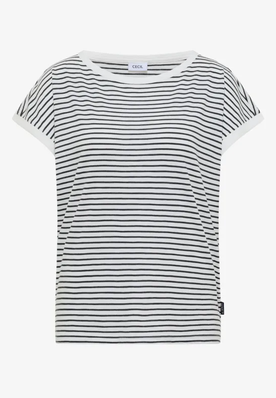 Weißes T-Shirt mit dünnen schwarzen Querstreifen, kurzen umgeschlagenen Ärmeln und rundem Halsausschnitt.