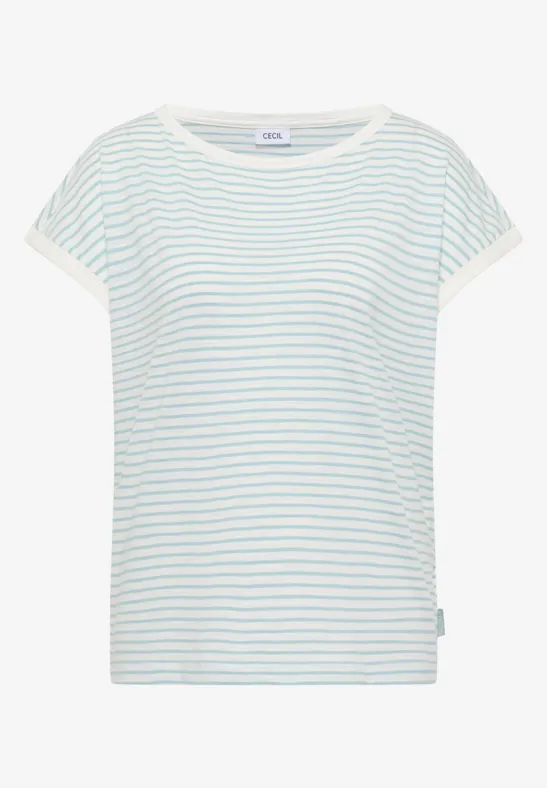 Weißes Damen-T-Shirt mit kurzen Ärmeln und dezenten hellblauen Querstreifen.