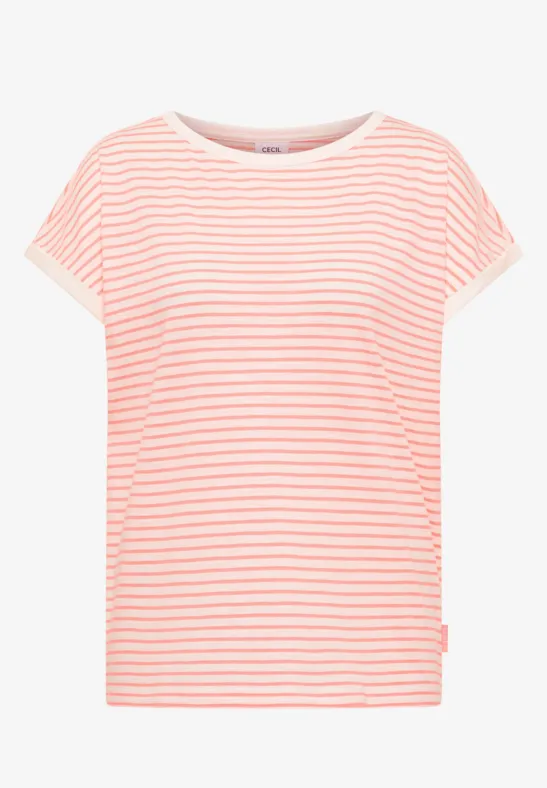 Leichtes T-Shirt mit kurzen Ärmeln und pastellrosanen, weißen Streifen.