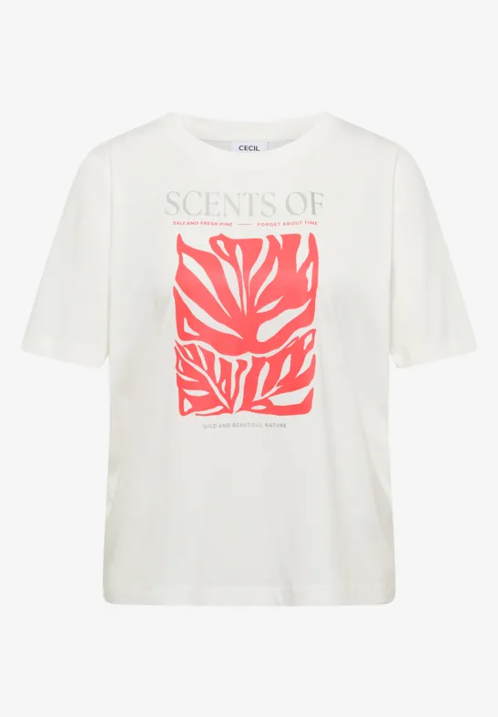 Weißes T-Shirt mit roten Blattmustern und Aufschrift „SCENTS OF“ auf der Brust.