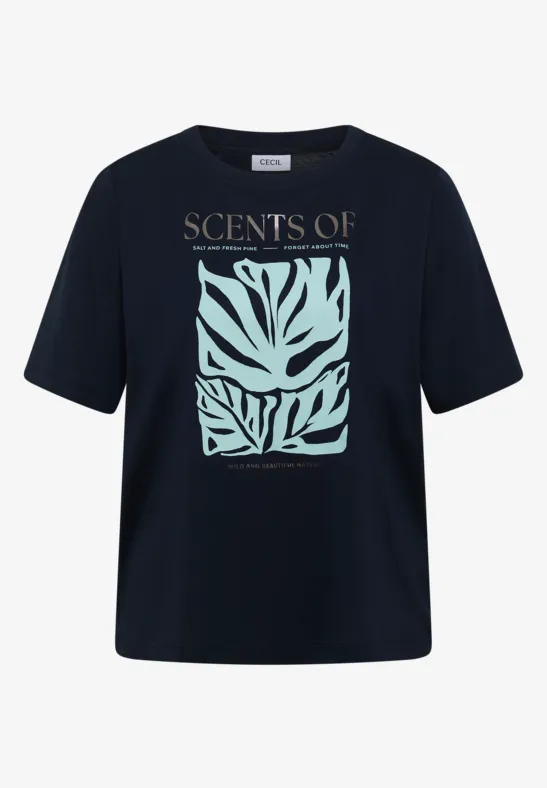 Dunkelblaues T-Shirt mit kurzem Arm, Aufdruck ‘SCENTS OF’ und hellgrünem Blattmuster.