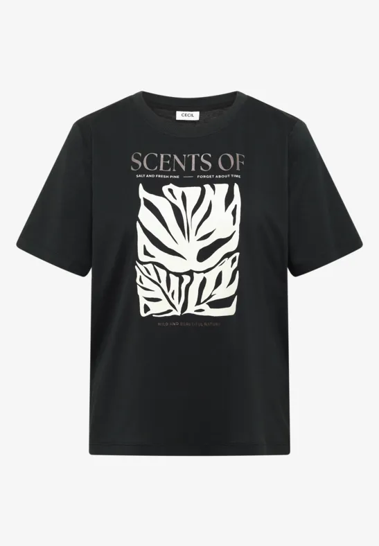 Schwarzes T-Shirt mit weißem Zebra-Muster und Schriftzug ‚SCENTS OF‘