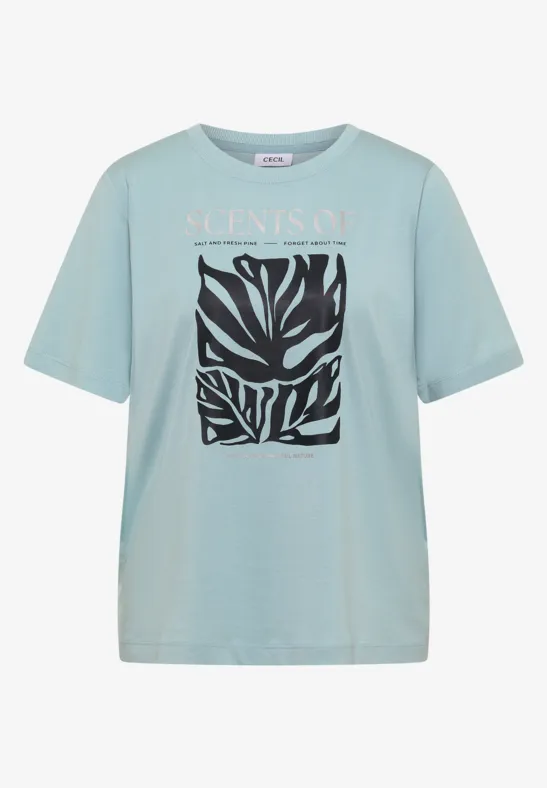 Hellblaues T-Shirt mit abstraktem schwarz-weißen Motiv vorn und lockerem Schnitt