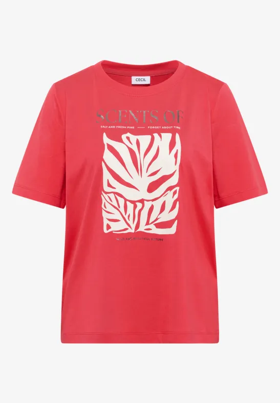 Rotes T-Shirt mit weißem, abstraktem Blatt-Print und Schriftzug "SCENTS OF" auf der Brust.