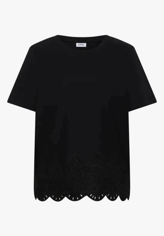 Schwarzes Kurzarmshirt mit Rundhalsausschnitt und besticktem, gewelltem Saum.