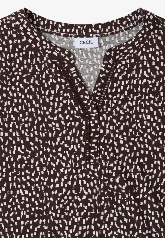 Damenbluse in Braun mit weißem Punkte-Muster, V-Ausschnitt und Knopfleiste, kurzärmelig.