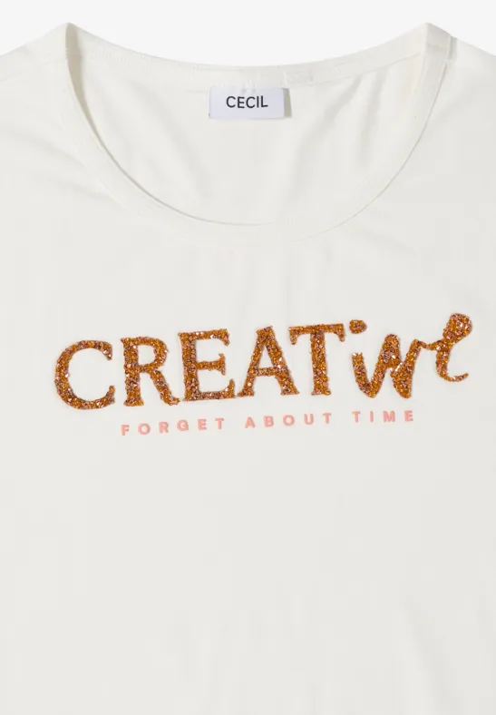 Weißes T-Shirt mit glitzerndem Schriftzug "CREAT'IVE" und Zusatz "FORGET ABOUT TIME"