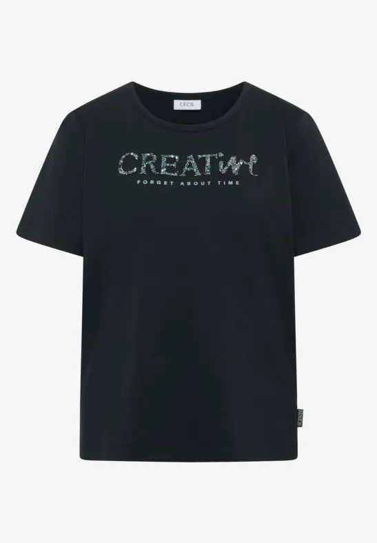Schwarzes T-Shirt mit rundem Halsausschnitt und silbernem Aufdruck 'CREATIV. FOREVER SINCE 1990'.