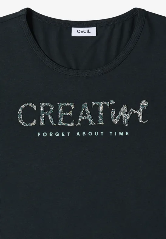 Schwarzes T-Shirt mit glitzerndem Schriftzug "CREATiv" und kleinem Text "FORGET ABOUT TIME"