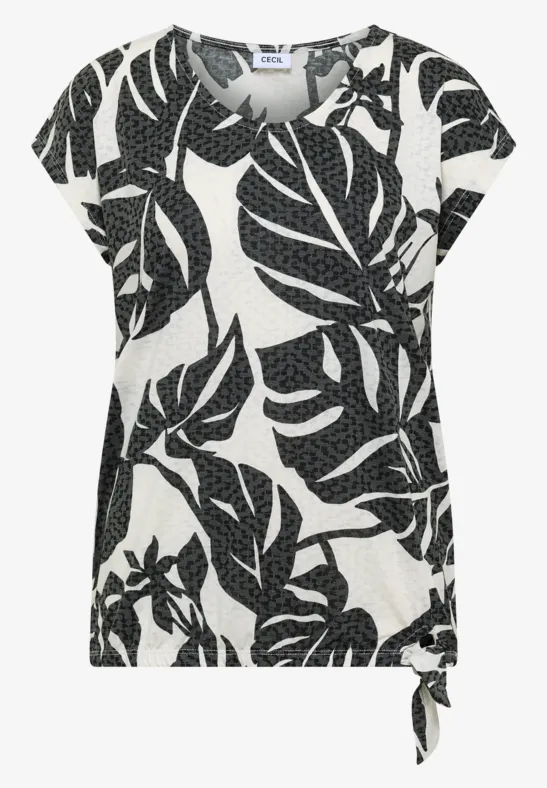 Weißes Kurzarm-Shirt mit schwarzen großen Blattmustern und seitlicher Schleife am Saum.