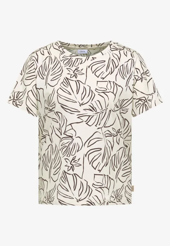 Weißes T-Shirt mit kurzen Ärmeln und großem, olivgrünen Monstera-Blatt-Muster.