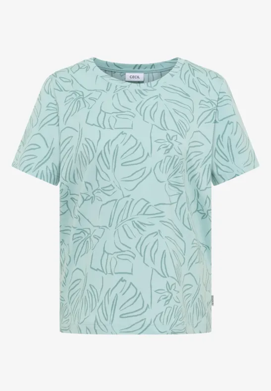 Ein mintfarbenes T-Shirt mit tropischem Blätterprint.