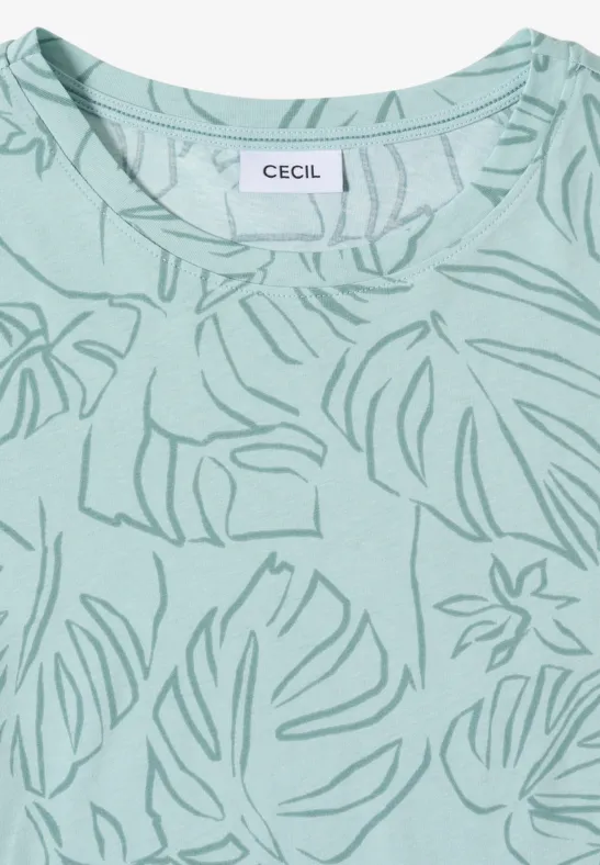 Mintgrünes T-Shirt mit tropischem Blatt- und Blumenmuster und rundem Ausschnitt.
