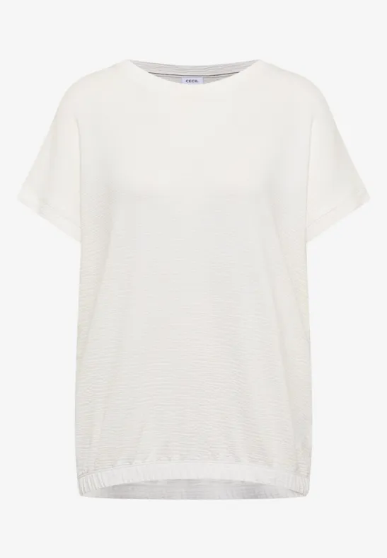 Weißes, locker geschnittenes T-Shirt mit Rundhalsausschnitt und kurzen Ärmeln.