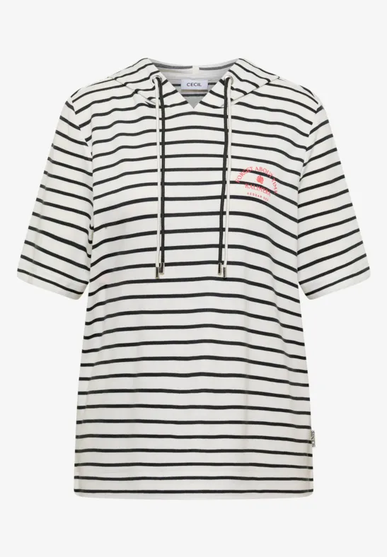 Wit-zwart gestreept T-shirt met capuchon, korte mouwen en koordjes