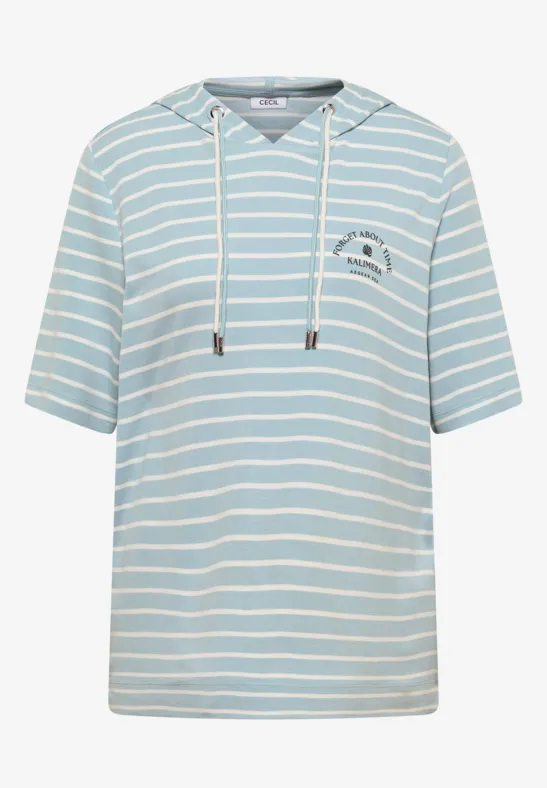 Lichtblauw kort mouw capuchonshirt met witte strepen