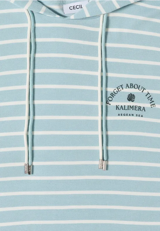 Lichtblauwe hoodie met witte strepen, koordjes, CECIL-label en borstprint 'FORGET ABOUT TIME KALIMERA'
