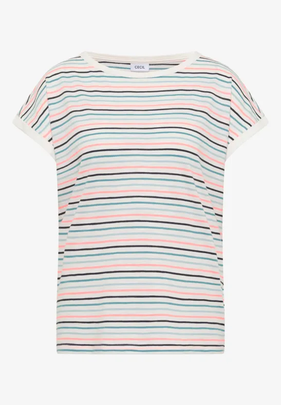 Weißes T-Shirt mit kurzen Ärmeln und bunten horizontalen Streifen.