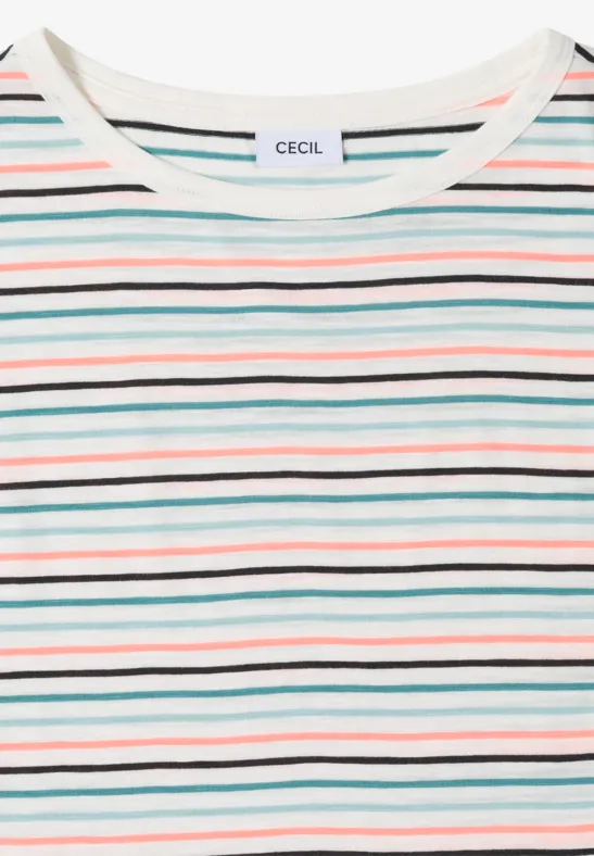 Weißes T-Shirt mit bunten horizontalen Streifen und Rundhalsausschnitt, Marke CECIL.
