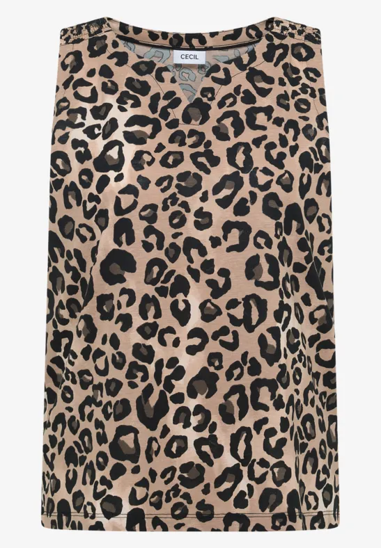 Ärmelloses Top mit beige-schwarzem Leopardenmuster.