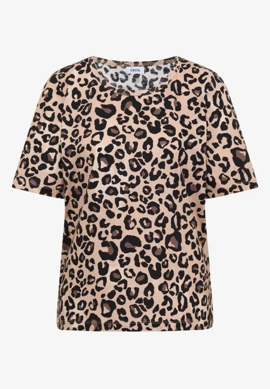 Beiges T-Shirt mit schwarzem Leopardenmuster, kurzärmelig, lässiger Schnitt.