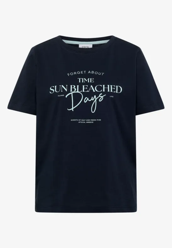 Schwarzes T-Shirt mit weißem "Forget about time sun bleached days"-Schriftzug.