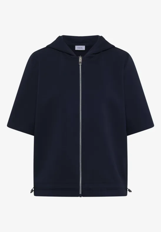 Dunkelblaue Kapuzenjacke mit kurzem Arm und silbernem Reißverschluss.
