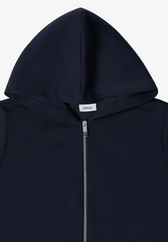 Dunkelblaue Kapuzenjacke mit Reißverschluss und schlichtem Design.
