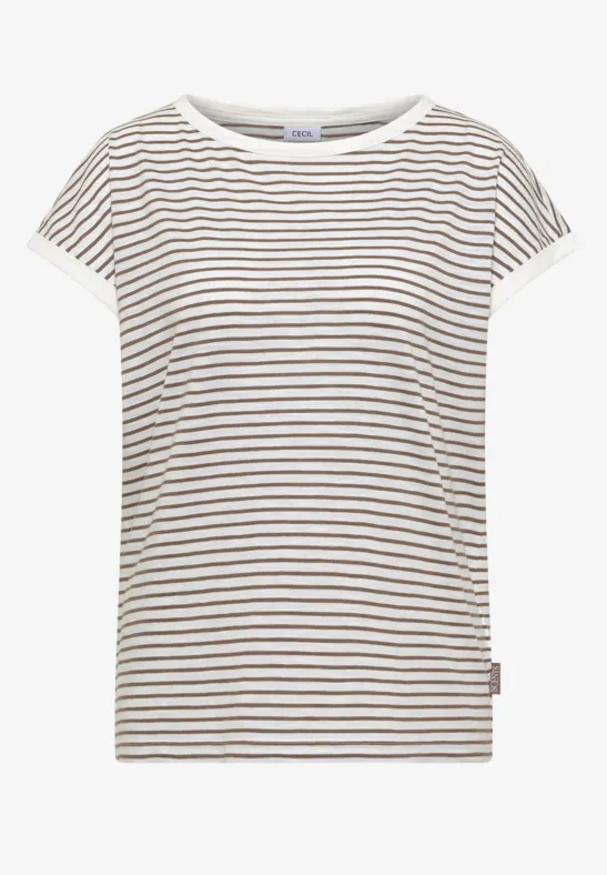 Weißes Kurzarmshirt mit schmalen braunen Querstreifen und rundem Ausschnitt.