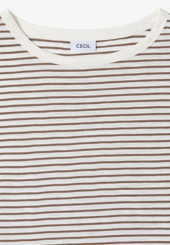 Weißes T-Shirt mit feinen braunen Streifen und Rundhalsausschnitt