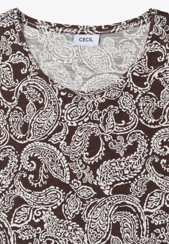 Braun-weißes Top mit filigranem Paisley- und Blumenmuster und Rundhalsausschnitt.