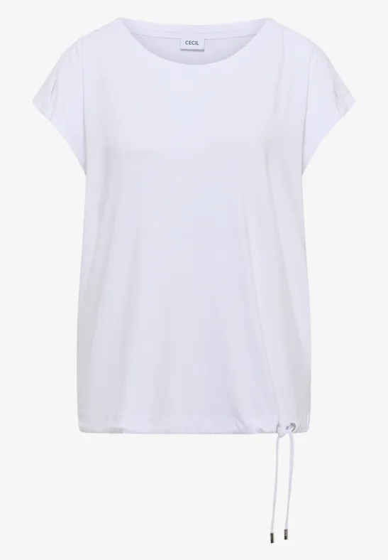 T-shirt blanc à manches courtes, col rond et cordon ajustable à la base.