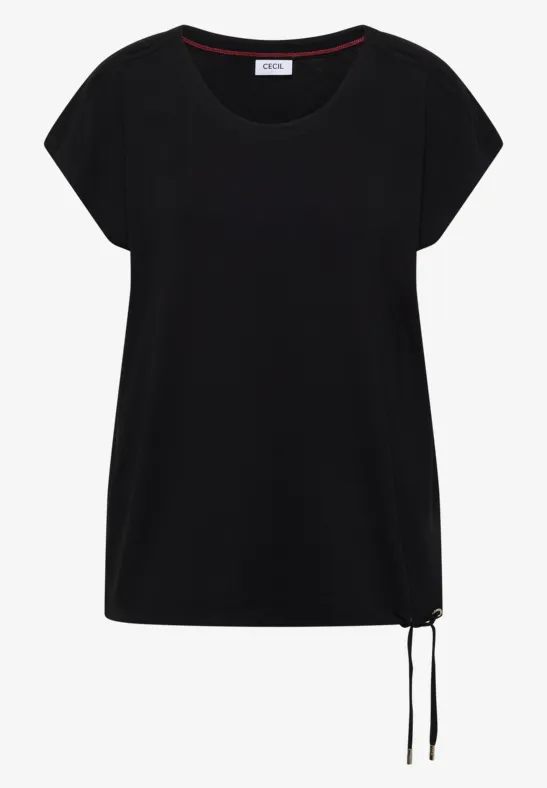 T-shirt femme noir uni à col rond, manches courtes et lien de serrage latéral.