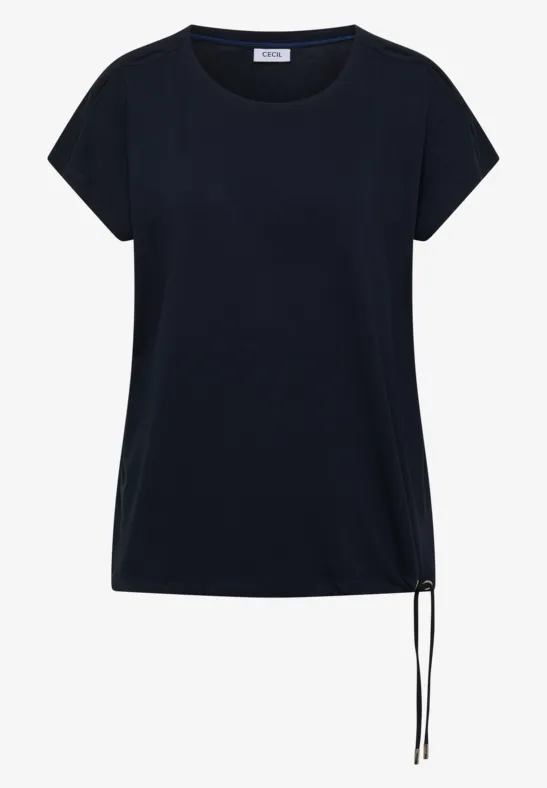 T-shirt femme noir à manches courtes avec cordon de serrage latéral au bas.