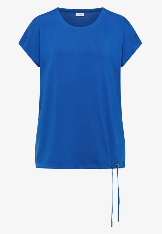 T-shirt bleu à manches courtes, col rond et cordon de serrage à la base.