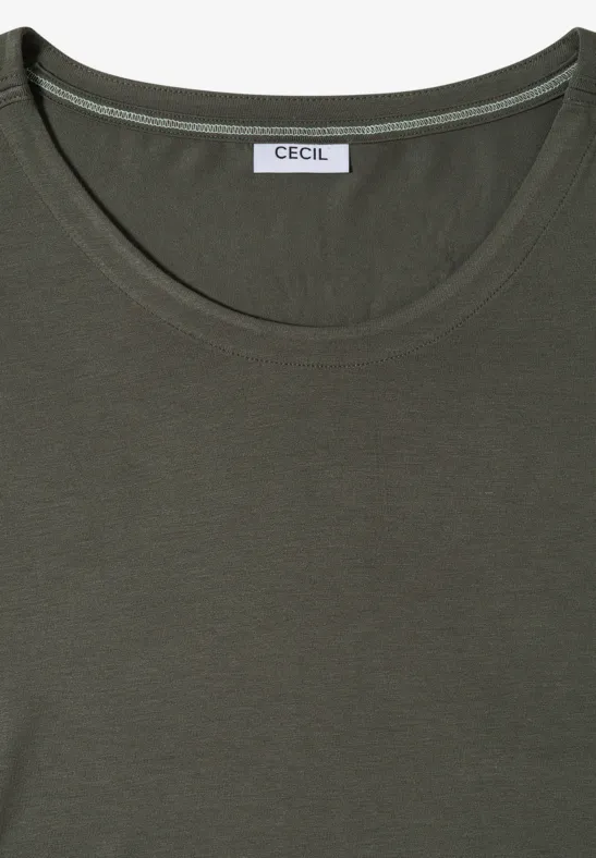 Khakigroen T-shirt met ronde hals en CECIL merketiket.