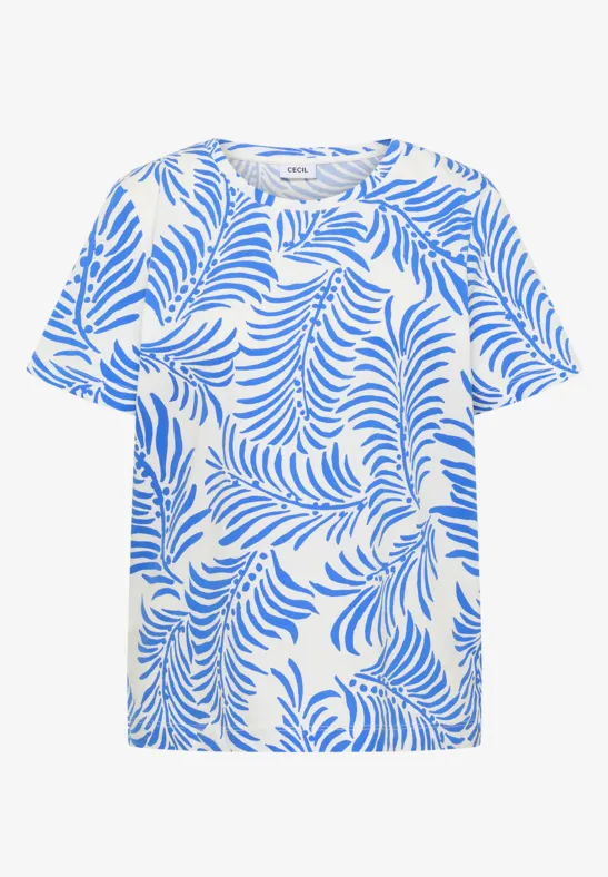Weißes T-Shirt mit blauem, wellenförmigem Blattmuster.