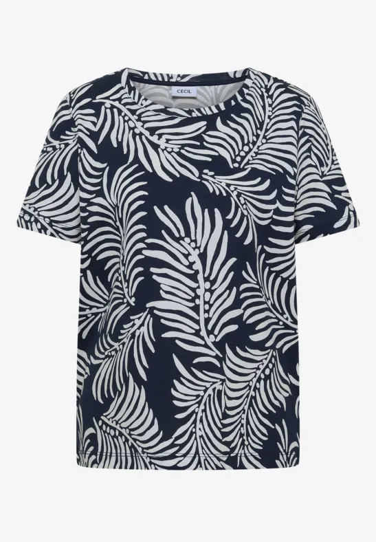 Marineblaues T-Shirt mit weißem Blattmuster